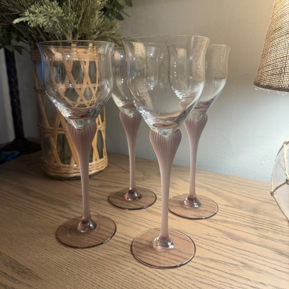 Vintage Mikasa Sea Mist Amethyst‎ Ribbed Stem Wine Glasses Set of 4 Tulip